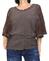 Blouse en voile, dentelle et broderie, élastique à la taille | Livraison 10 mai