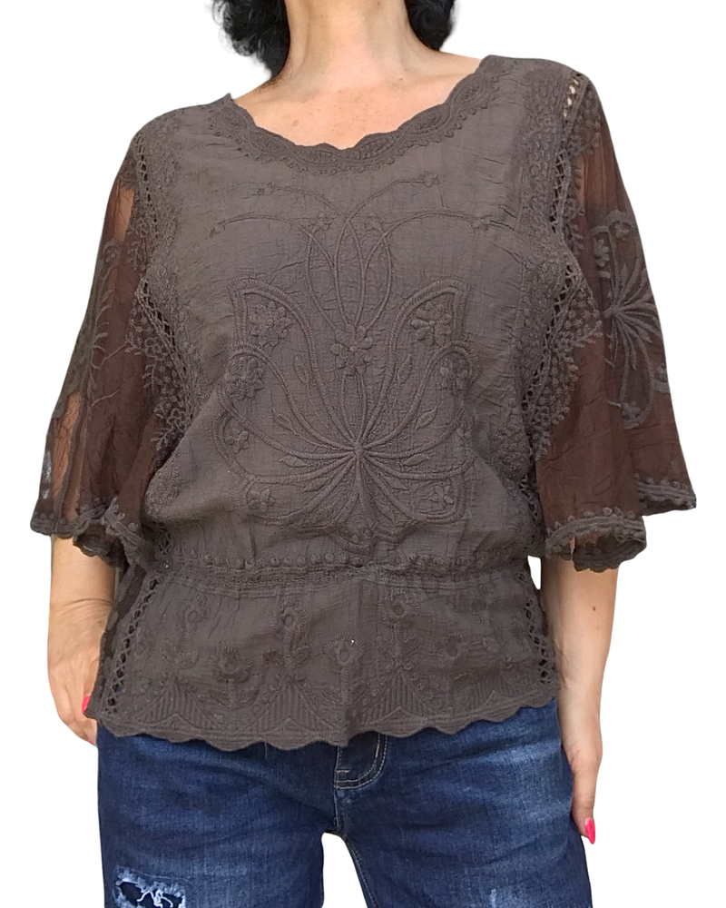 Blouse en voile, dentelle et broderie, élastique à la taille | Livraison 10 mai