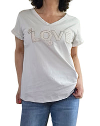 T-shirt beige  « LOVE » col en V