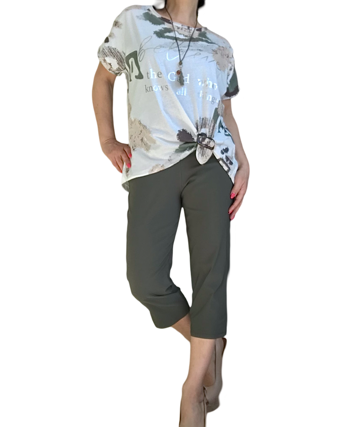 T-shirt abstrait kaki et beige au message argenté