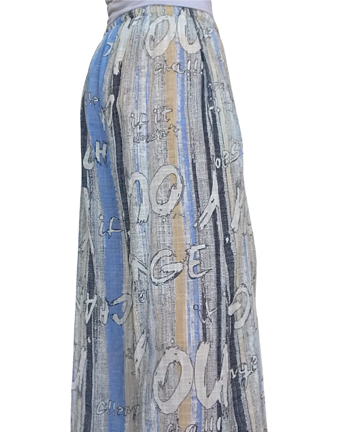 Pantalon palazzo rayé bleu marin, beige, bleu ciel et blanc avec des lettres blanches taille élastique