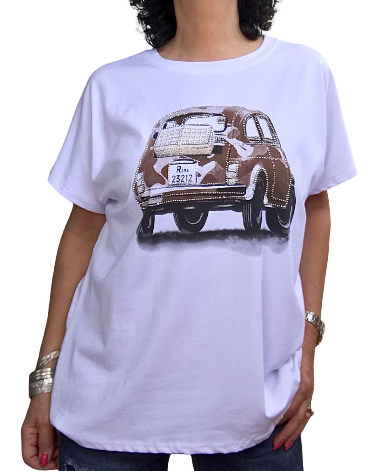 T-shirt blanc Fiat 500 brune– éclat chic et confort estival | Livraison 27 Mai