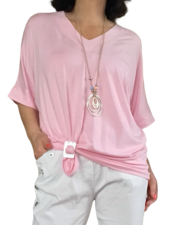 T-shirt uni rose manche courte col en V