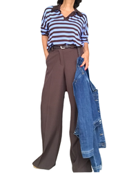 T-shirt polo manche longue rayé bleu ciel et brun