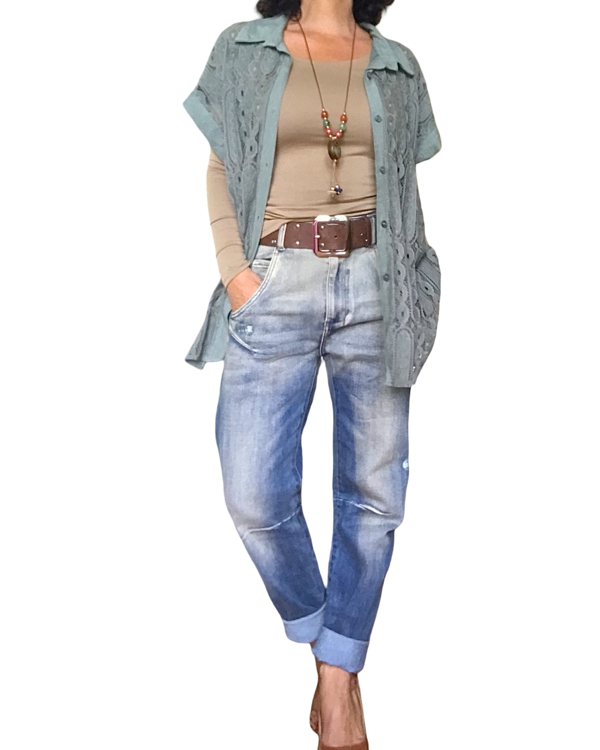 Chemise en dentelle kaki manche courte