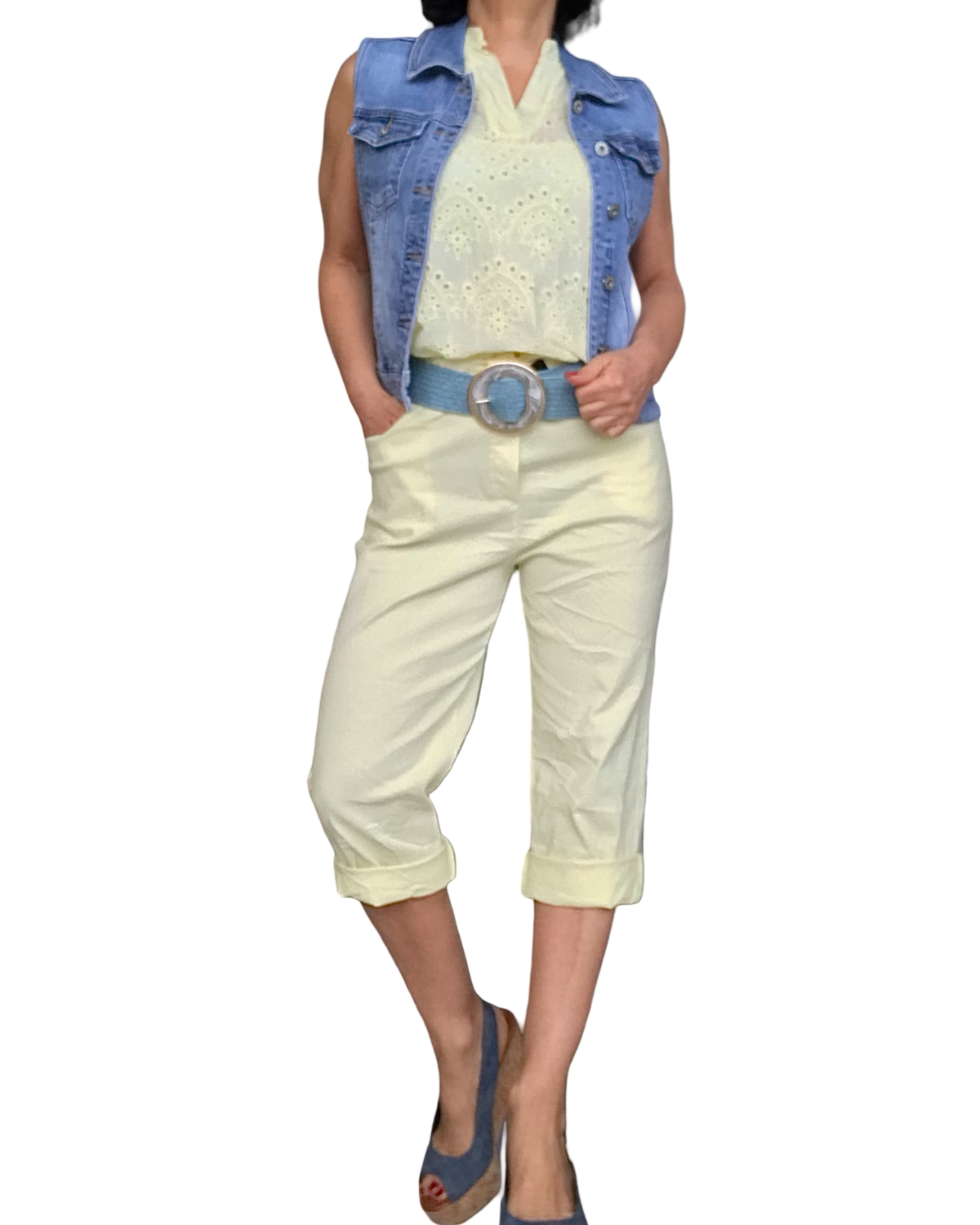 Capri jaune pâle à taille élastique avec cordon