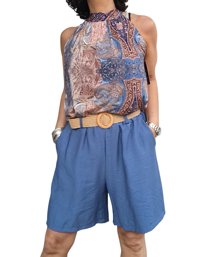 Camisole noué au cou paisley bleu, beige et brun
(Livraison 8 juin)