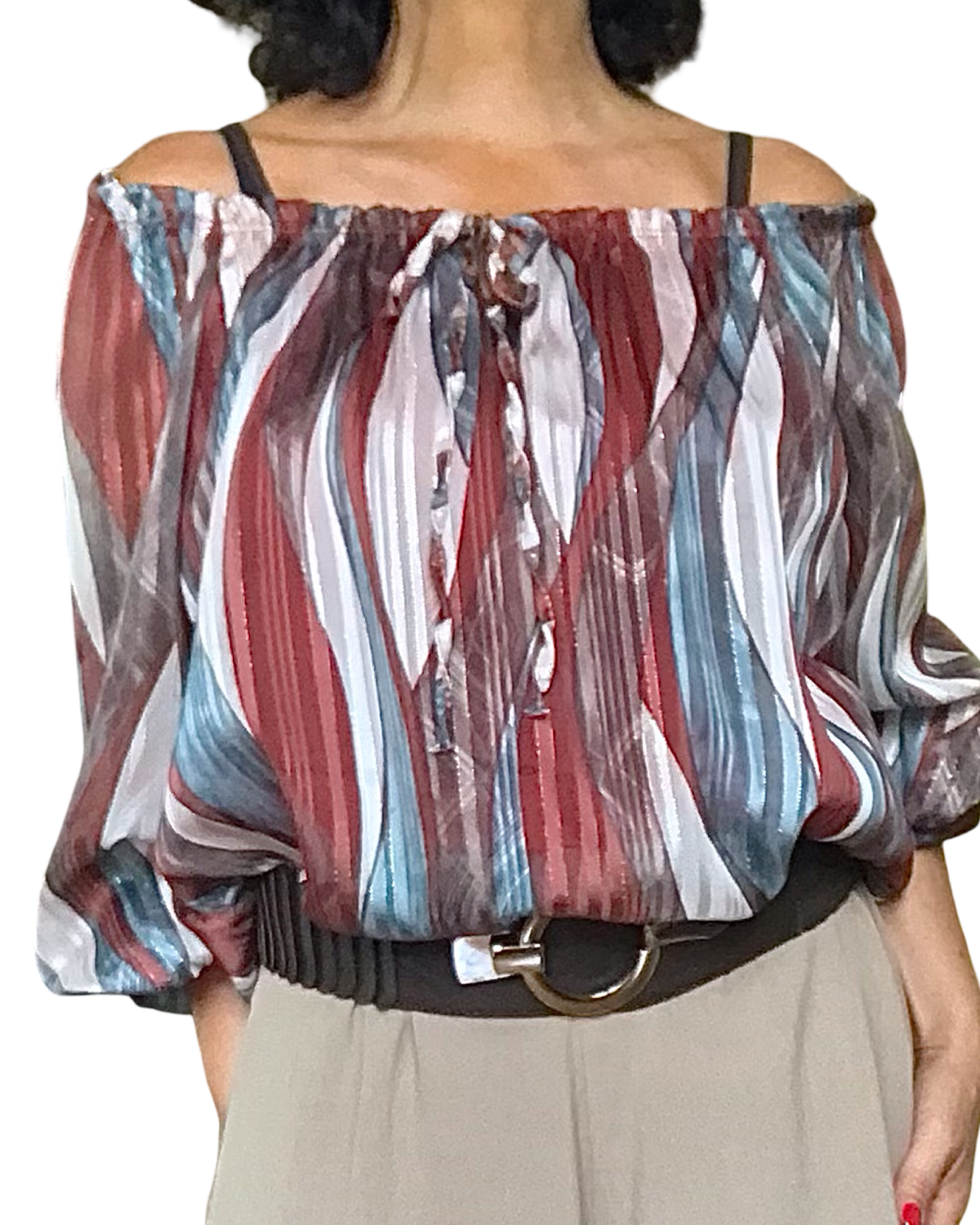 Blouse en voile rouille imprimé zigzag vertical manches bouffantes