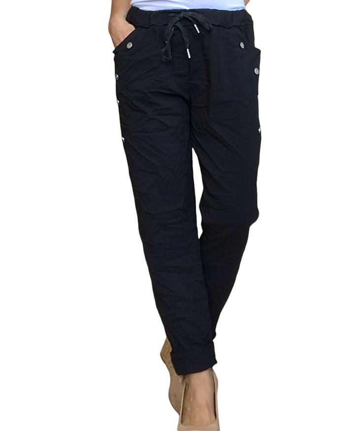 Pantalon noir à taille élastique avec cordon et boutons décoratifs