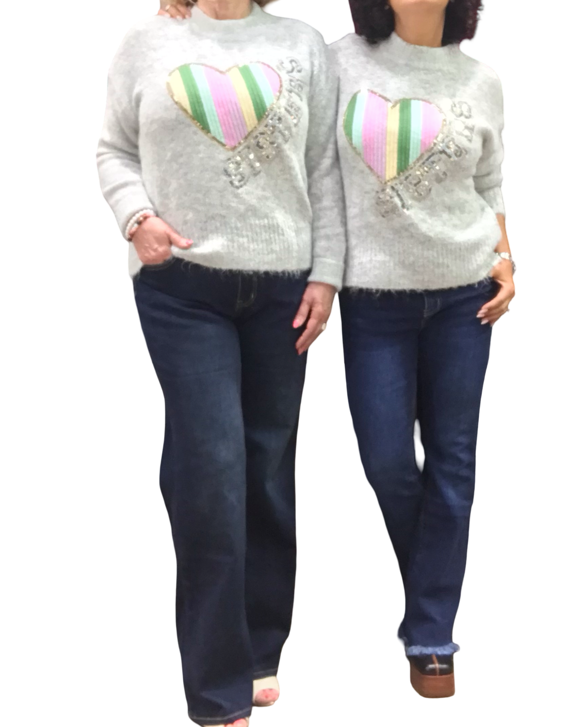 Chandail col montant gris pâle chiné en tricot avec un appliqué de cœur arc-en-ciel