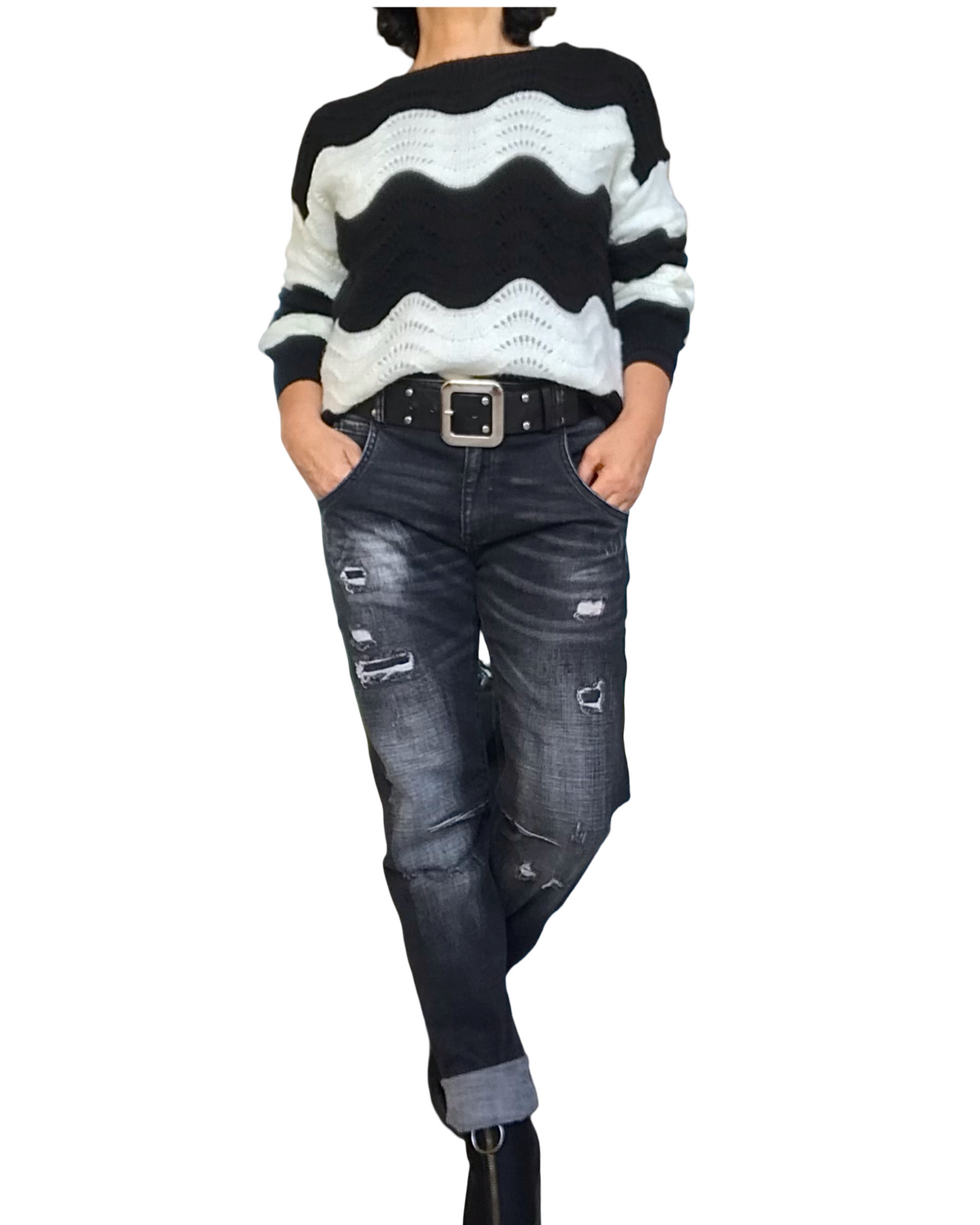 Chandail col rond motif ondulatoire en tricot noir et blanc