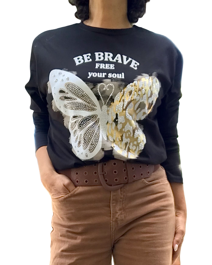 T-shirt col rond noir manche longue, dessin de papillon doré et blanc