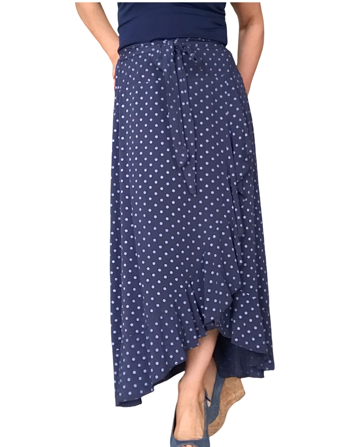 Jupe longue portefeuille marine à pois bleu ciel