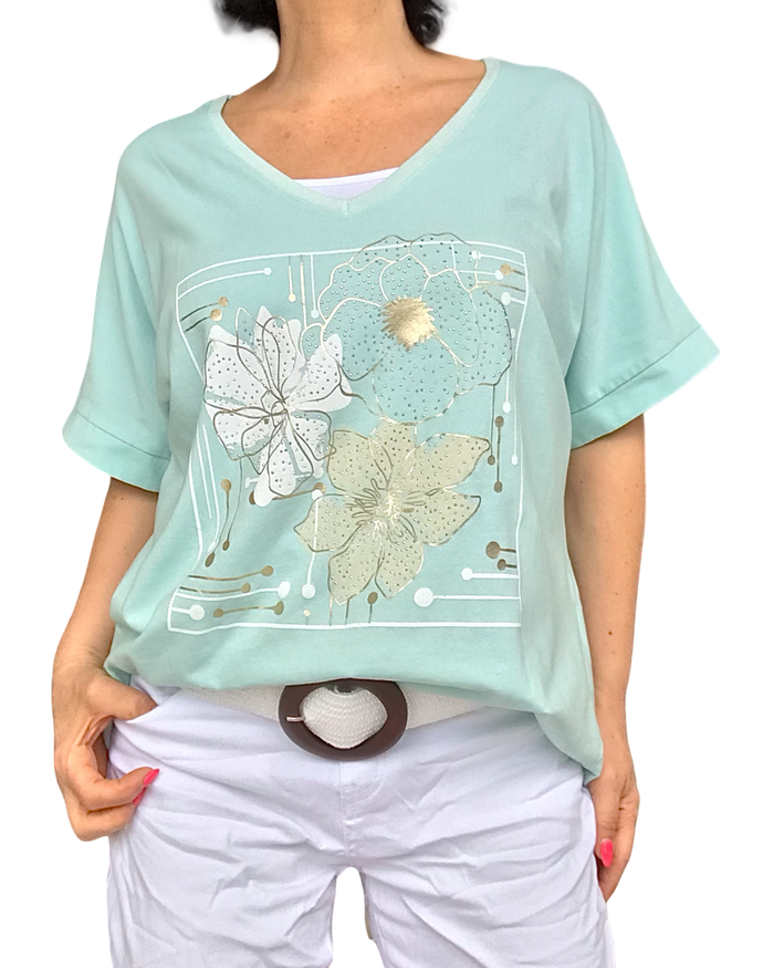T-shirt aqua col V fleurs dorées – Fraîcheur et style