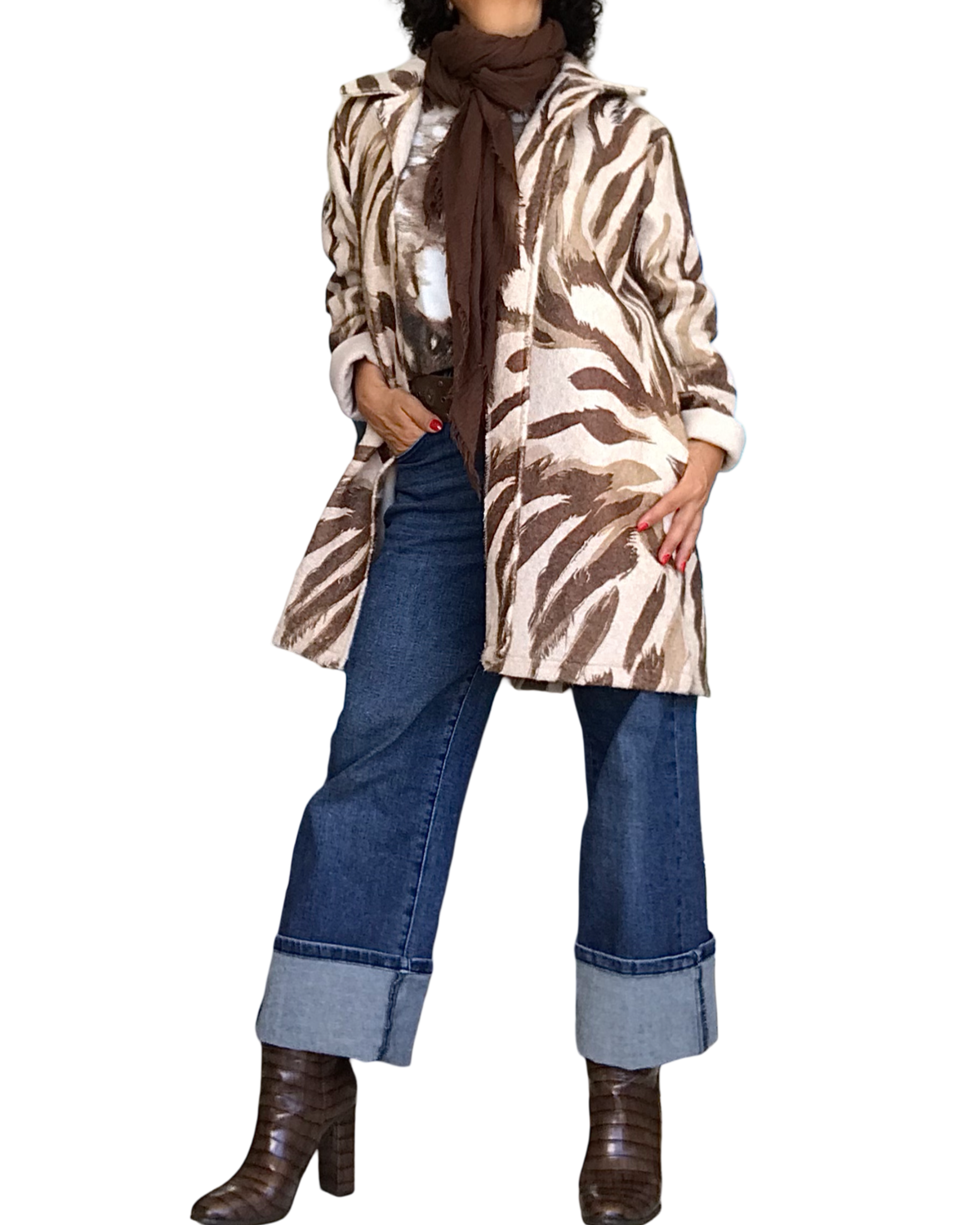 Manteau en laine beige zèbre brun et camel 3/4