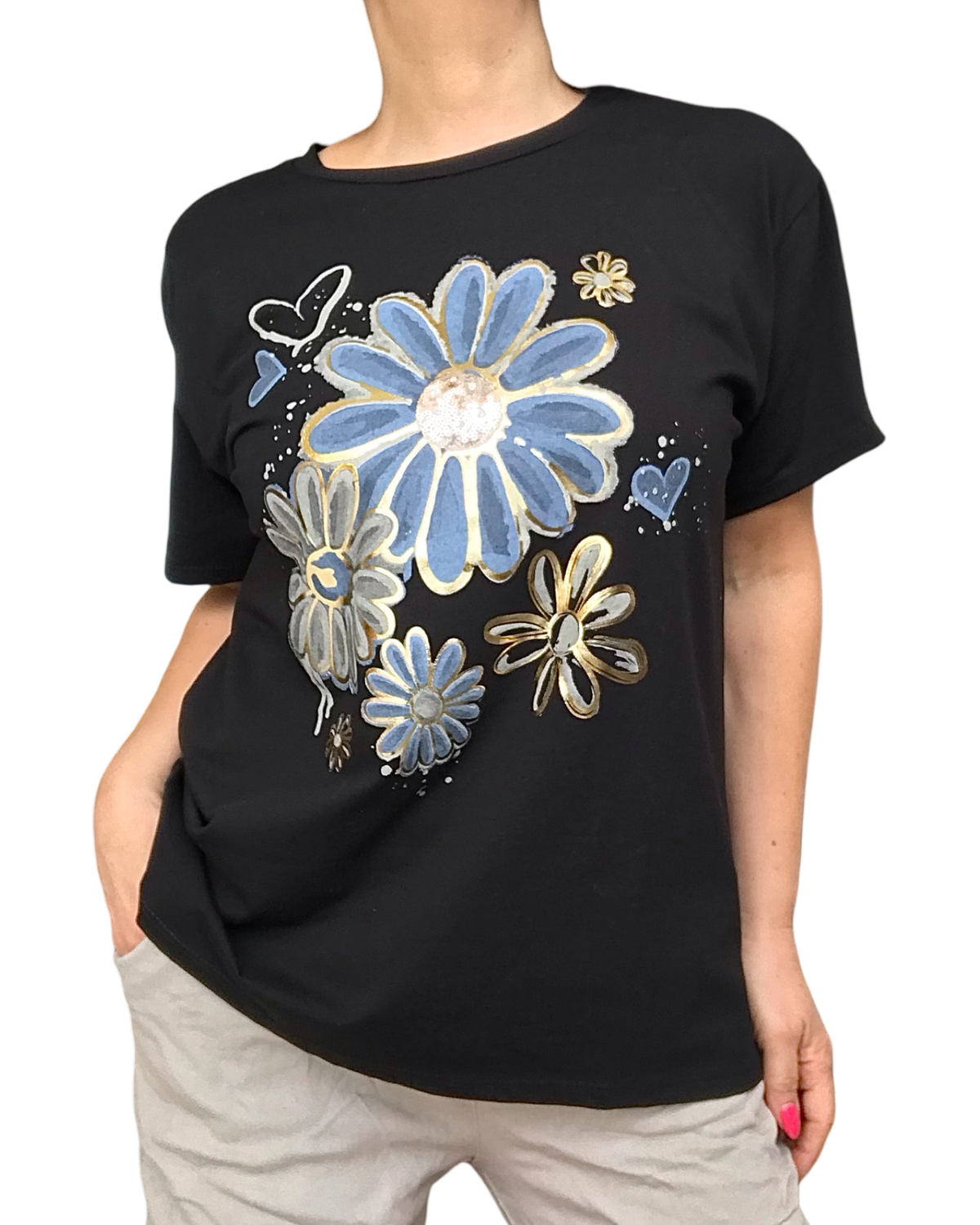 T-shirt noir col rond avec imprimé de fleurs dorées