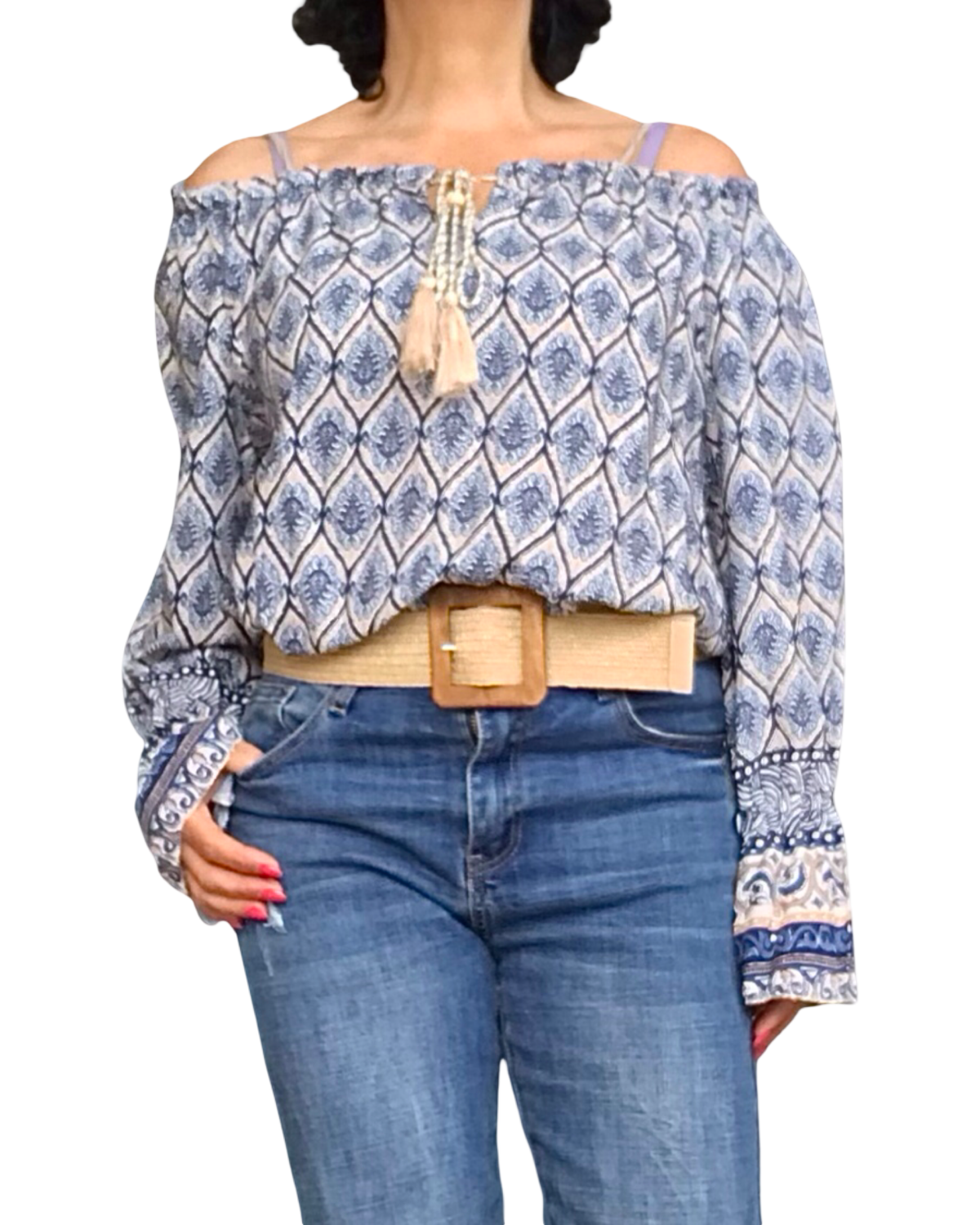 Blouse imprimé aztèque bohème – Tissu léger et tons marines