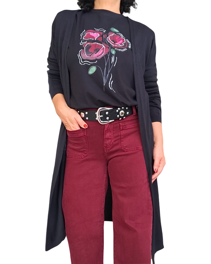 Cardigan femme noir uni long fendu de chaque coté