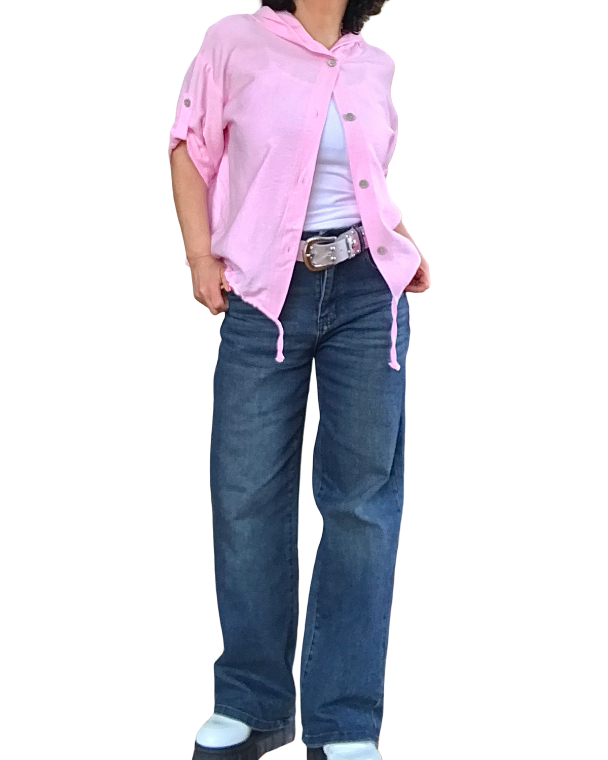 Chemise rose bébé manche courte avec capuchon et cordon au bas