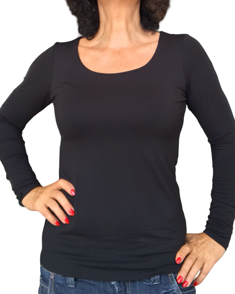 T-shirt uni S/M manche longue col en U noir