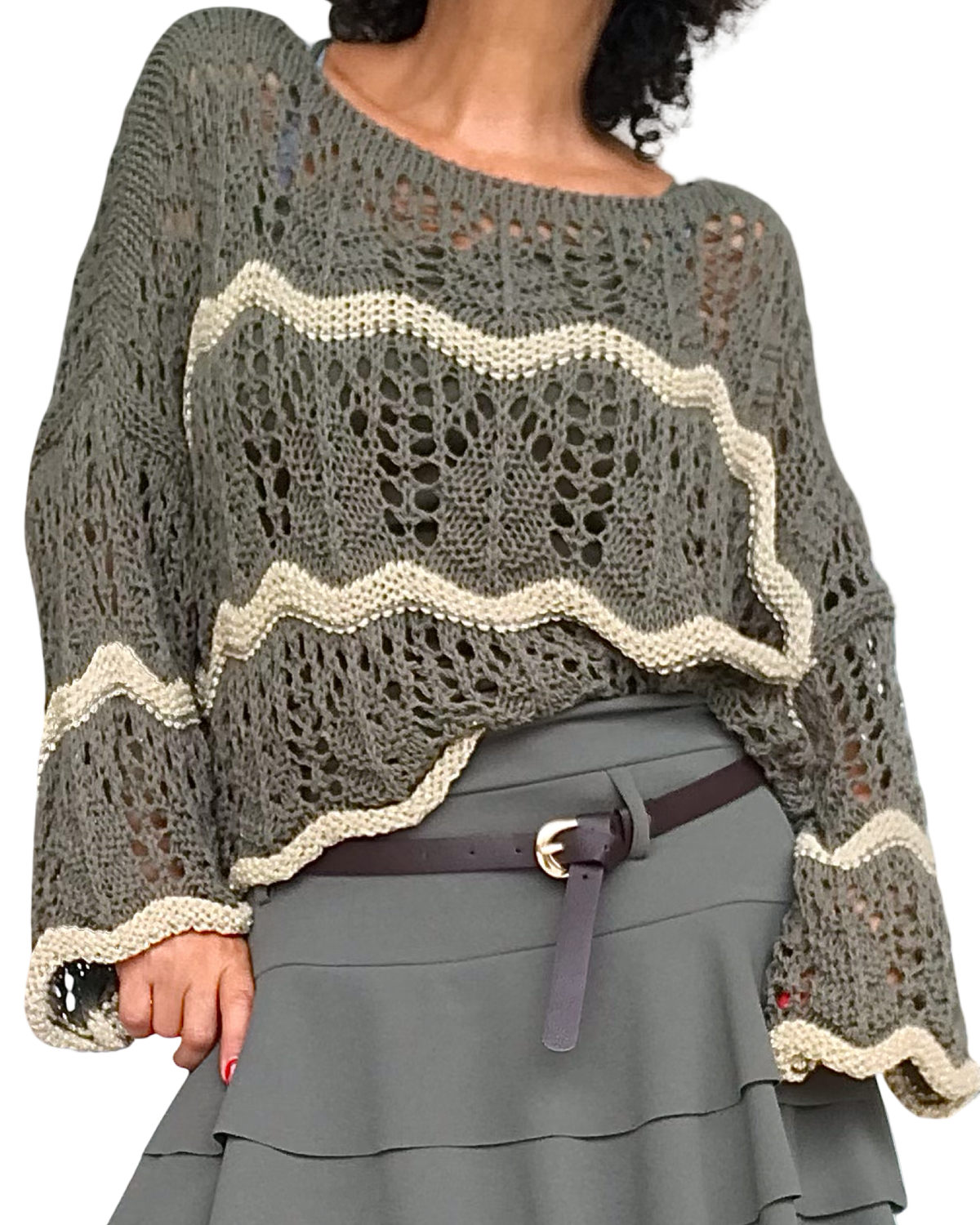 Chandail col rond evasé en crochet kaki à rayures zigzag beige