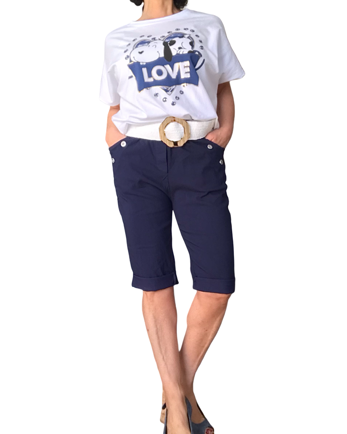 Bermuda marine à taille élastique avec cordon et boutons décoratifs