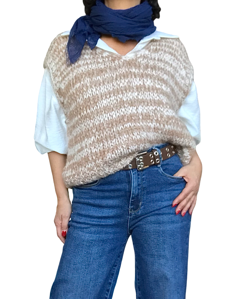 Débardeur en tricot col en V chiné camel et crème