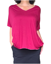 T-shirt uni rouge vin manche courte col en V avec lurex argenté