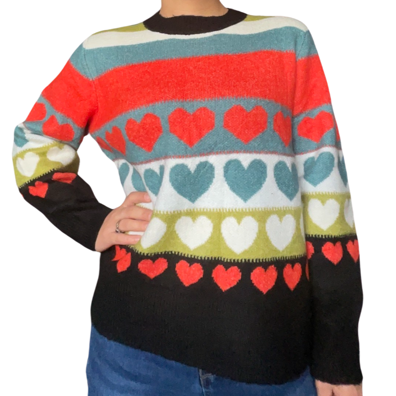 Chandail en tricot multicolores à motifs de coeurs