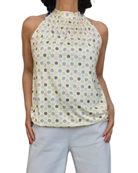 Camisole noué au cou blanc cassé à pois jaune pale et moka