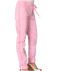 Pantalon rose à taille élastique avec cordon et ruban de chaque coté