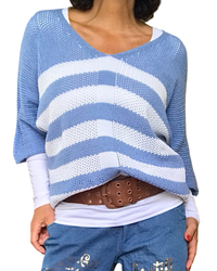 Chandail de tricot rayé bleu jeans et blanc col en V manche courte
