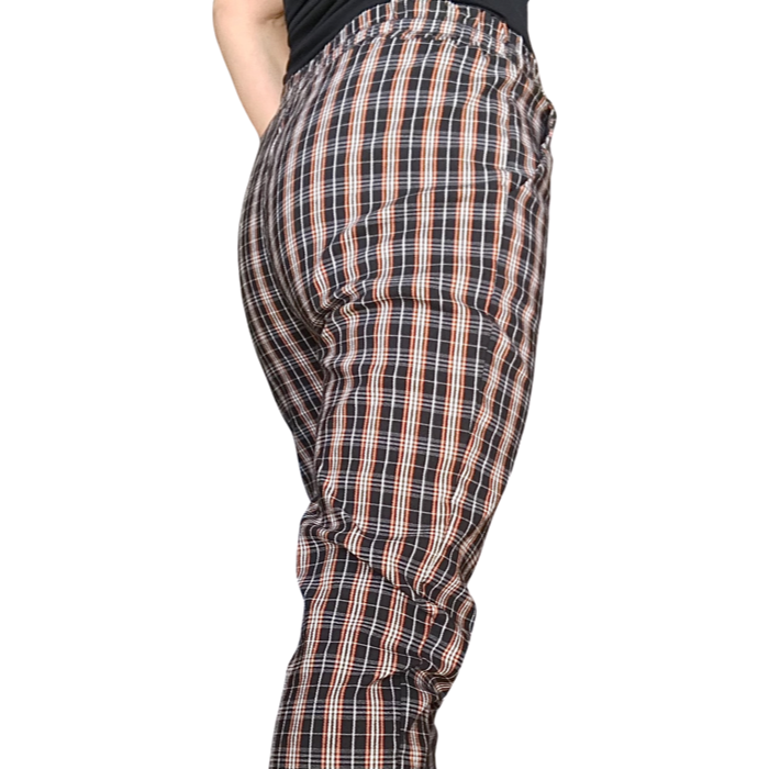 Pantalon taille élastique à carreaux noir, rouille et blanc de coté