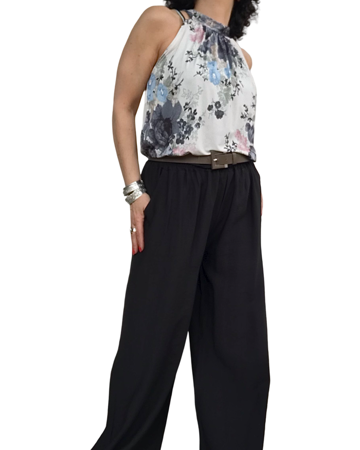 Camisole noué au cou beige fleuri rose pâle, bleu ciel, noir et kaki(Livraison 8 juin)