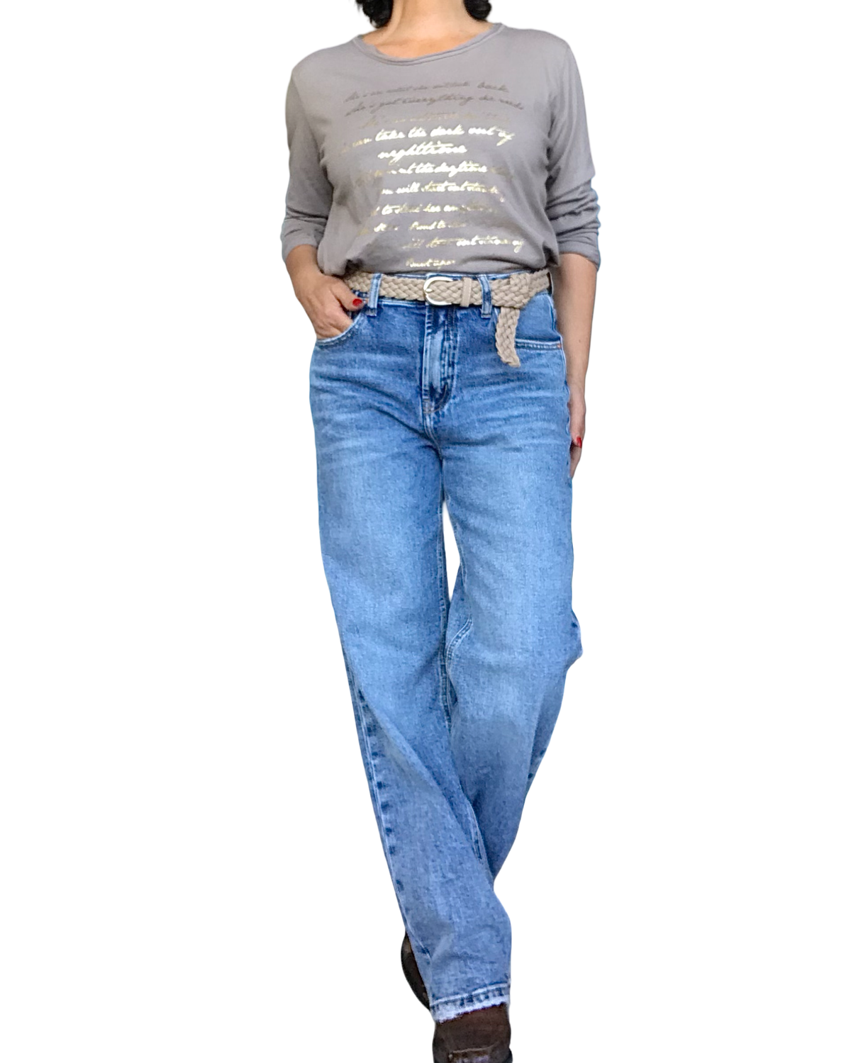 T-shirt manche longue moka avec écritures dorées