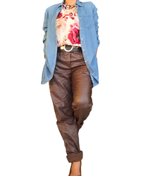 Pantalon brun chocolat en cuir vegan froissé taille élastique( Livraison 10 septembre)
