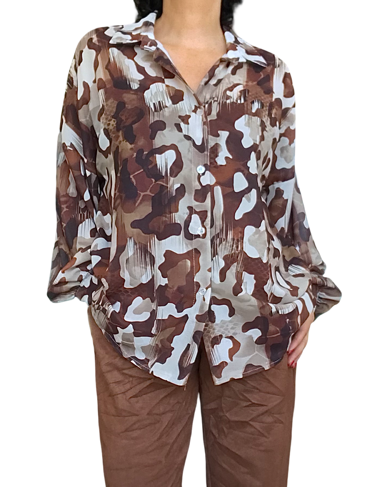 Chemise motif camouflage beige, crème, noisette et brun manche longue