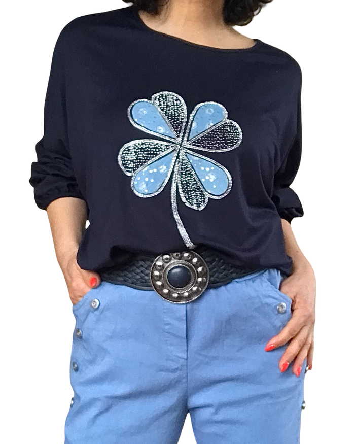 T-shirt manche longue marine avec une fleur scintillante