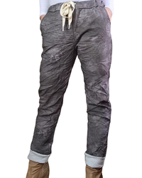Pantalon à taille élastique marbré gris et moka avec cordon à la taille