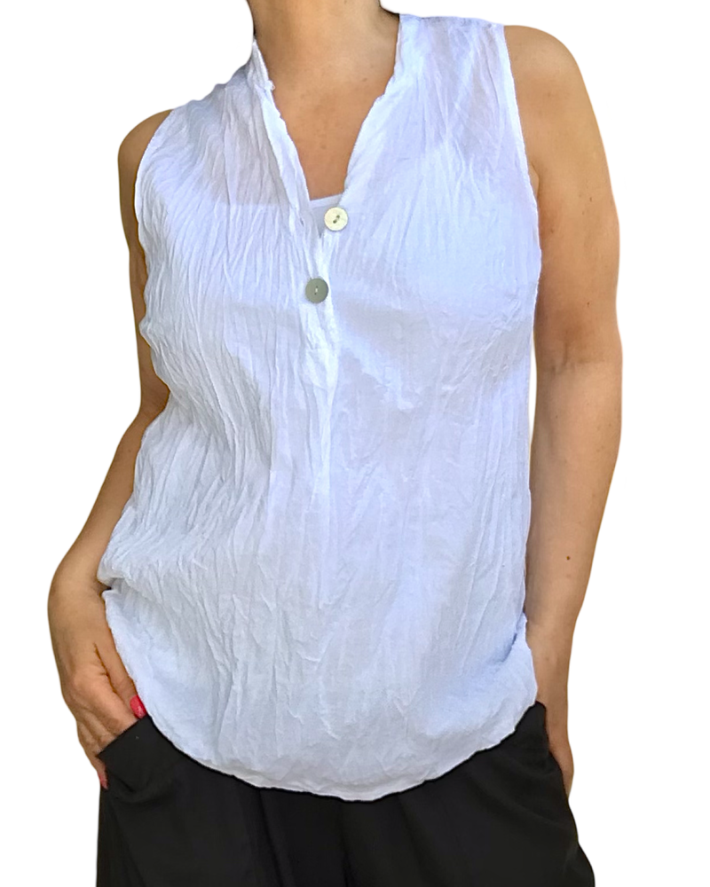 Blouse unie brune et blanche sans manches col V chic