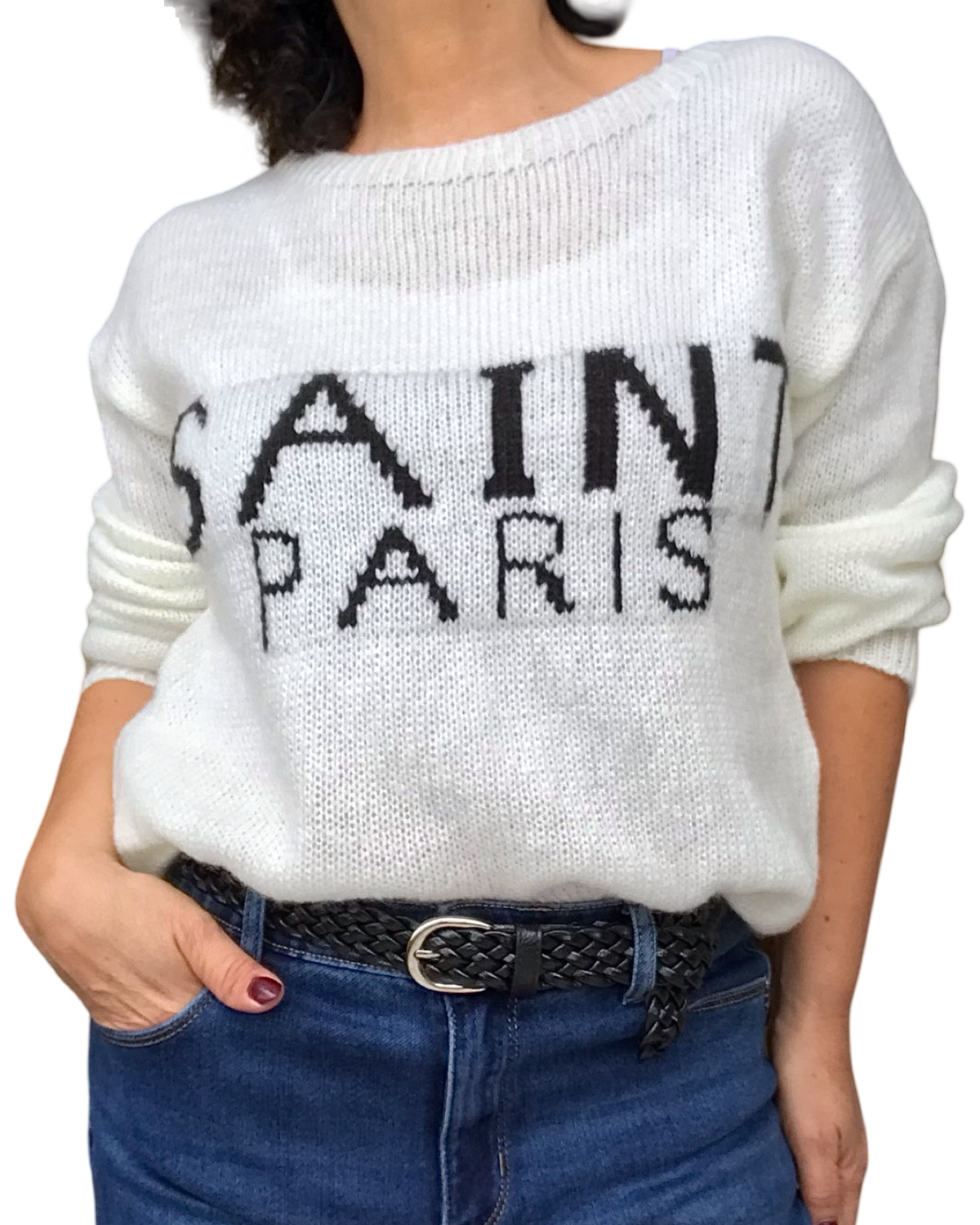 Chandail en tricot crème « Saint Paris » col rond et ceinture noire