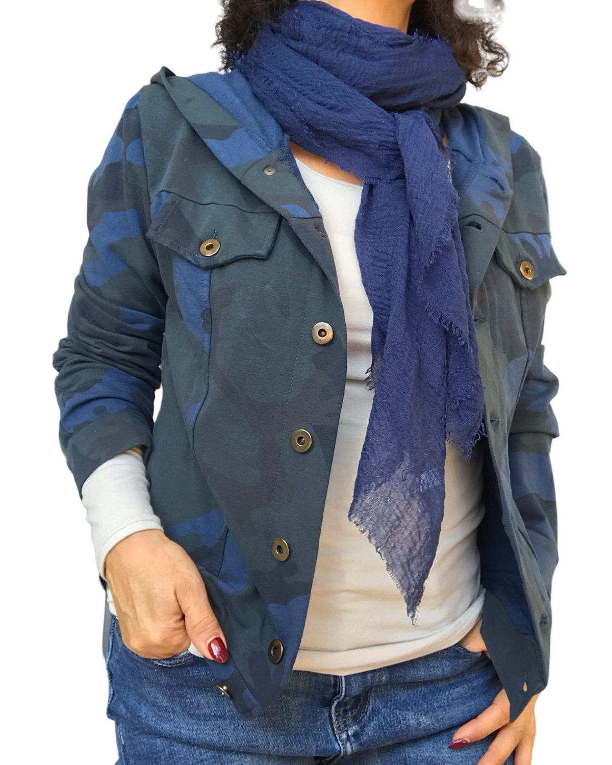 Jacket court coupe jeans jacket bleu camouflage avec foulard marine