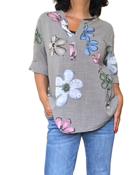 Blouse moka grosses fleurs bleu, rose, kaki et blanche