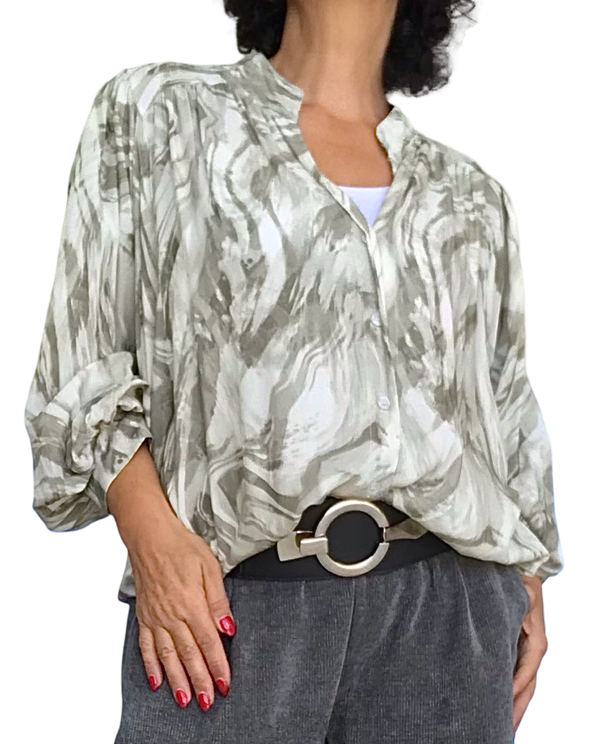 Chemise zébré crème et kaki, col Mao, manches 7/8