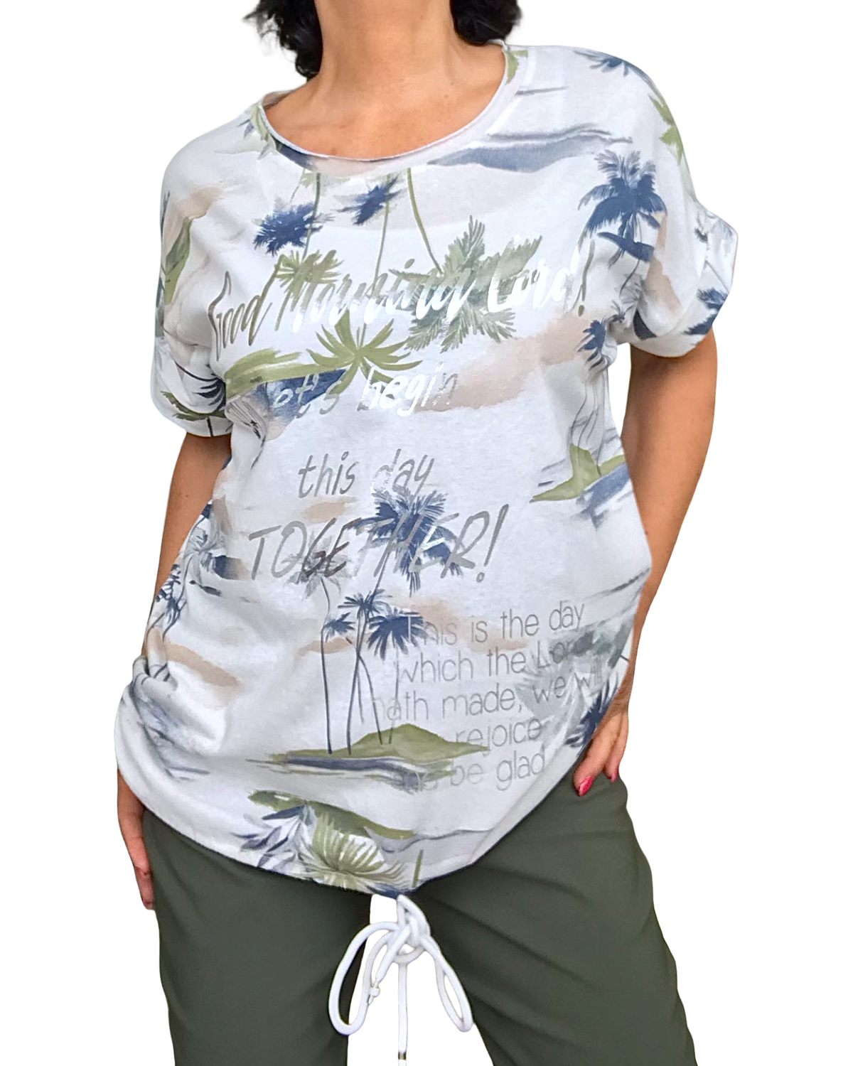T-shirt col rond cordon au bas – imprimé palmiers