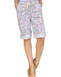 Bermuda imprimé de fleurs rose et aqua à taille élastique avec cordon