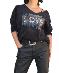 Chandail noir col en V en velours chenille avec LOVE écrit en léopard