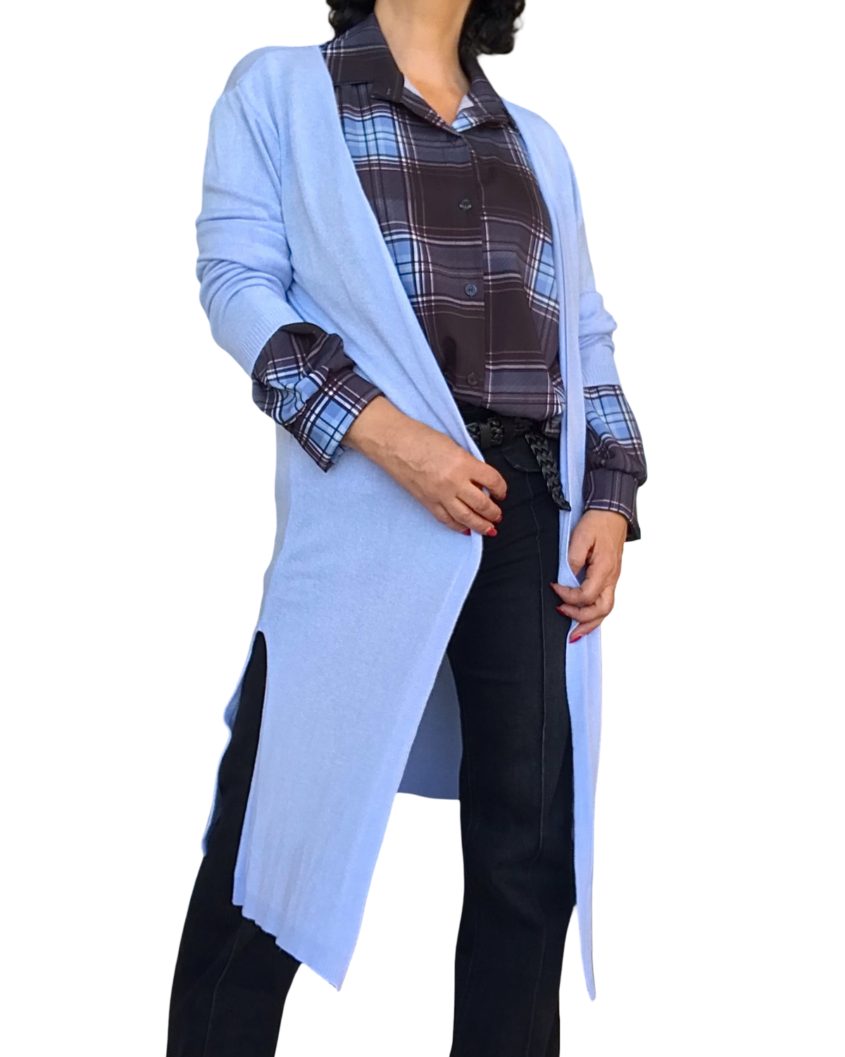 Cardigan femme bleu ciel uni long fendu de chaque coté