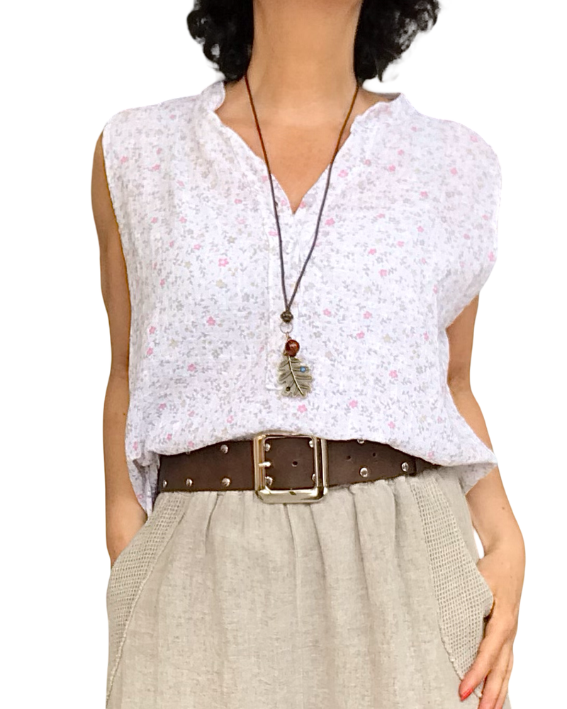 Blouse blanche sans manche petites fleuri rose, jaune et moka
