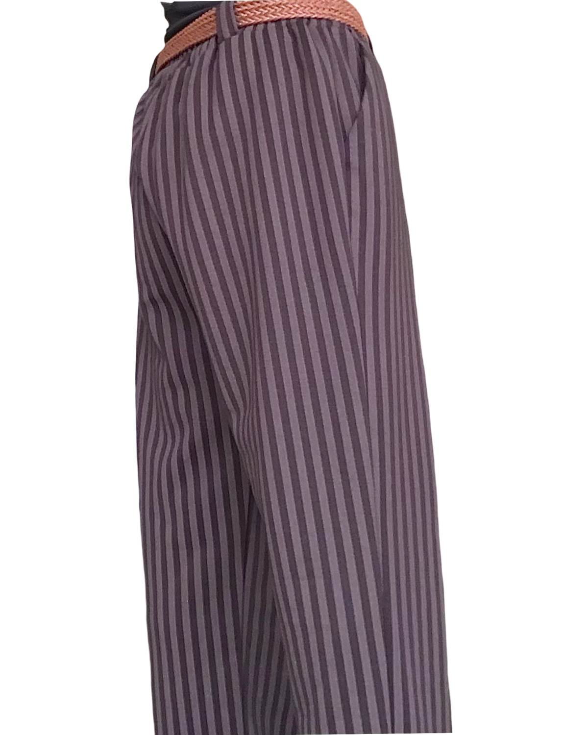 Pantalon rayé noir et brun, taille élastique avec une ceinture